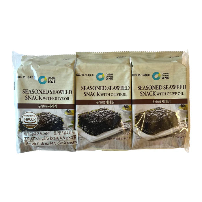 (CJO) CHUNG JUNG ONE Seaweed snack with olive oil / Algi morskie (nori) z oliwą z oliwek 3 x 4,5 g