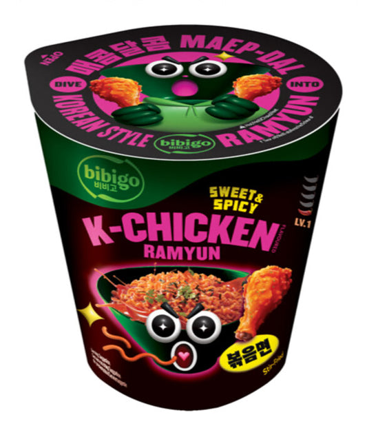 BIBIGO Sweet & Spicy K-Chicken Ramyun Stir Fried Lv. 1 / Makaron instant z o smaku koreańskiego kurczaka, poziom ostrości 1, 98 g