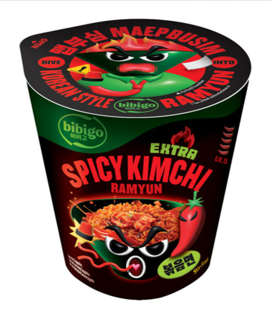 BIBIGO Extra Spicy Kimchi Ramyun Stir Fried Lv. 5 / Koreański makaron instant z sosem kimchi, poziom ostrości 5, 98 g